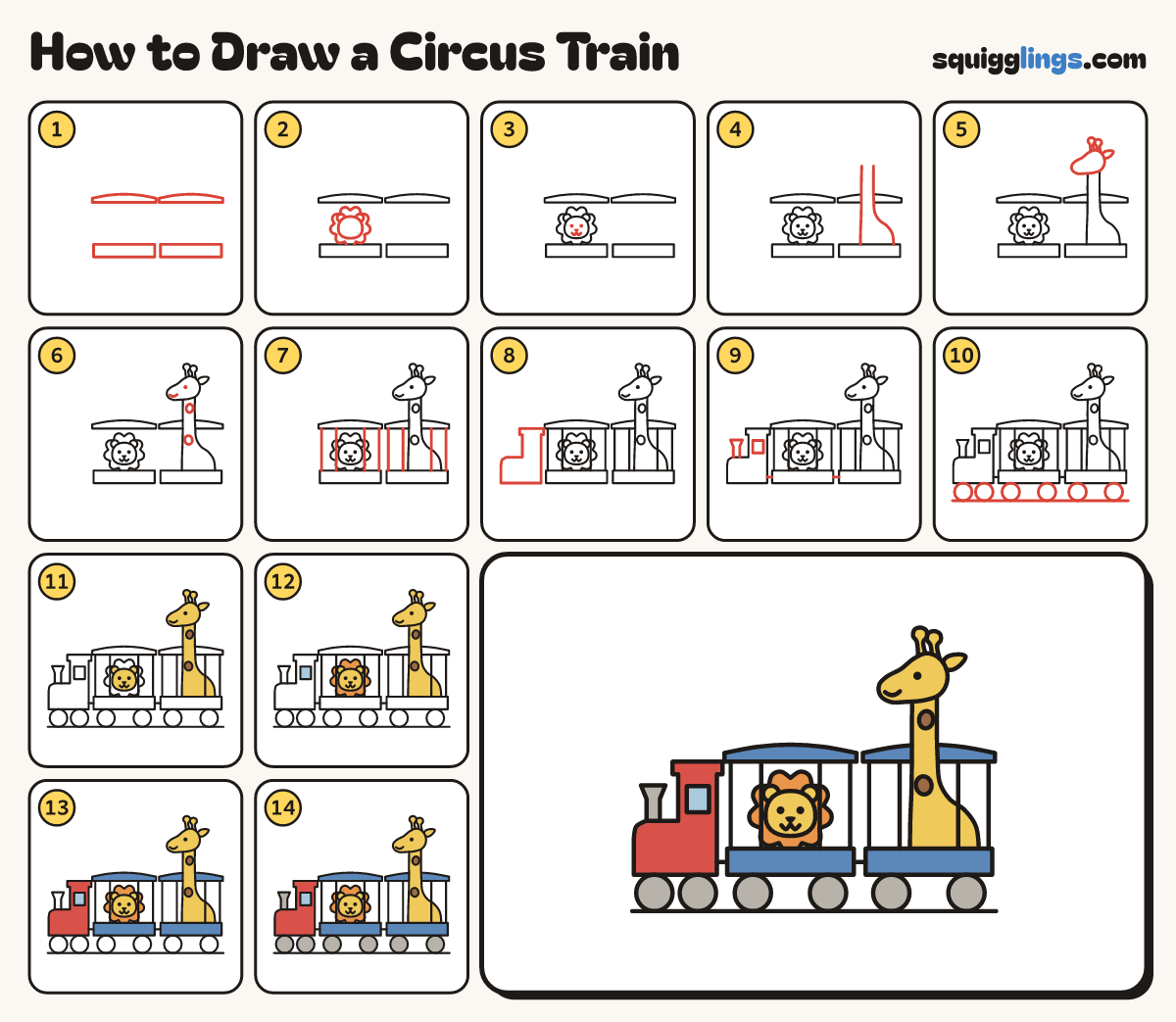 How to Draw a Circus Train step by step: all 14 steps in one picture