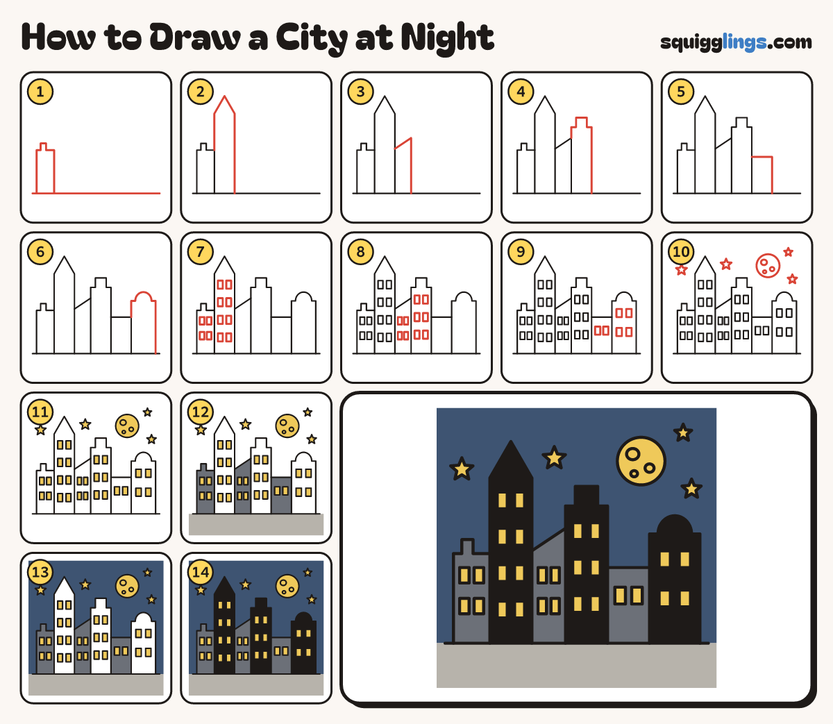 How to Draw a City at Night step by step: all 14 steps in one picture