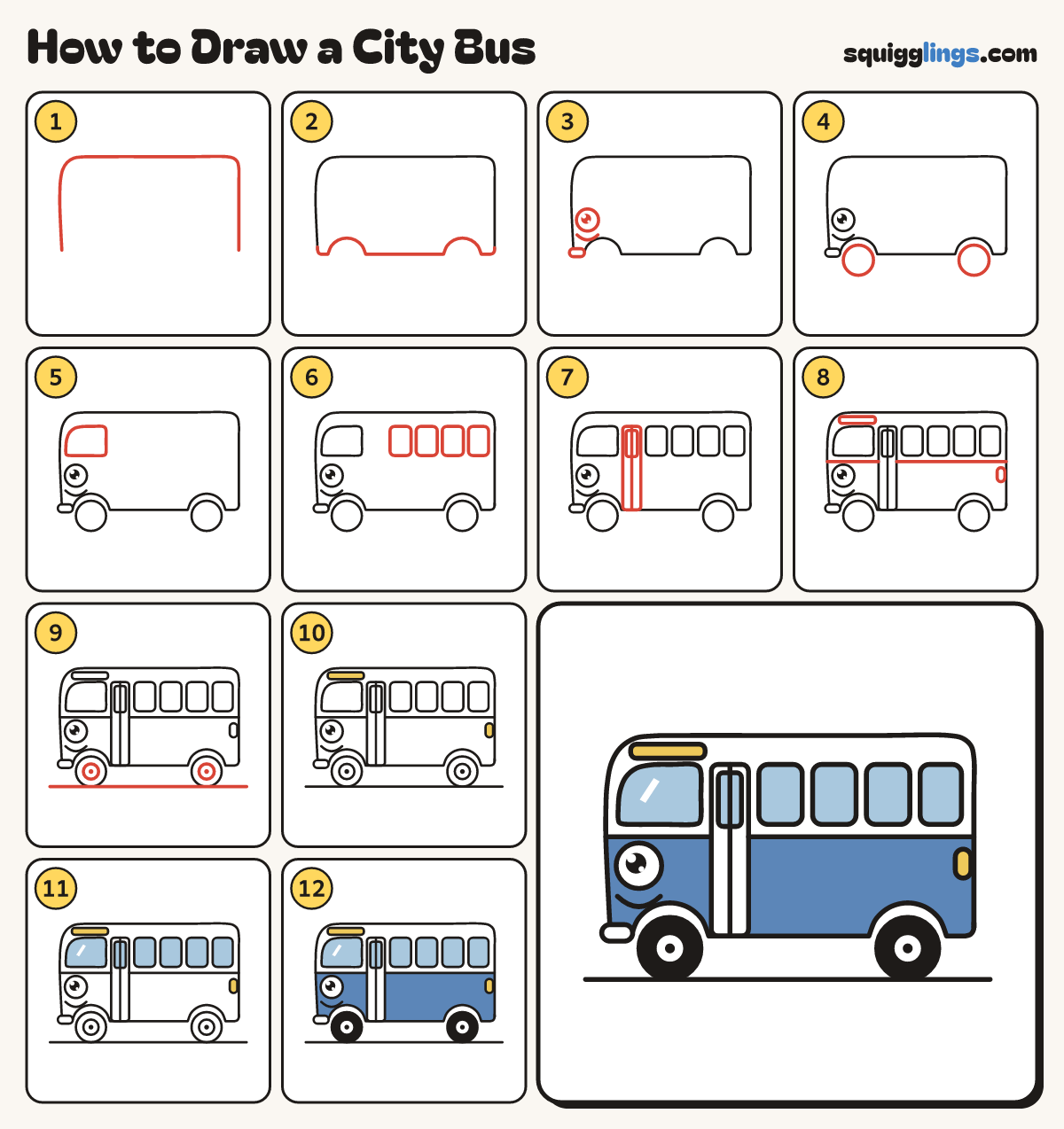 How to Draw a City Bus step by step: all 12 steps in one picture