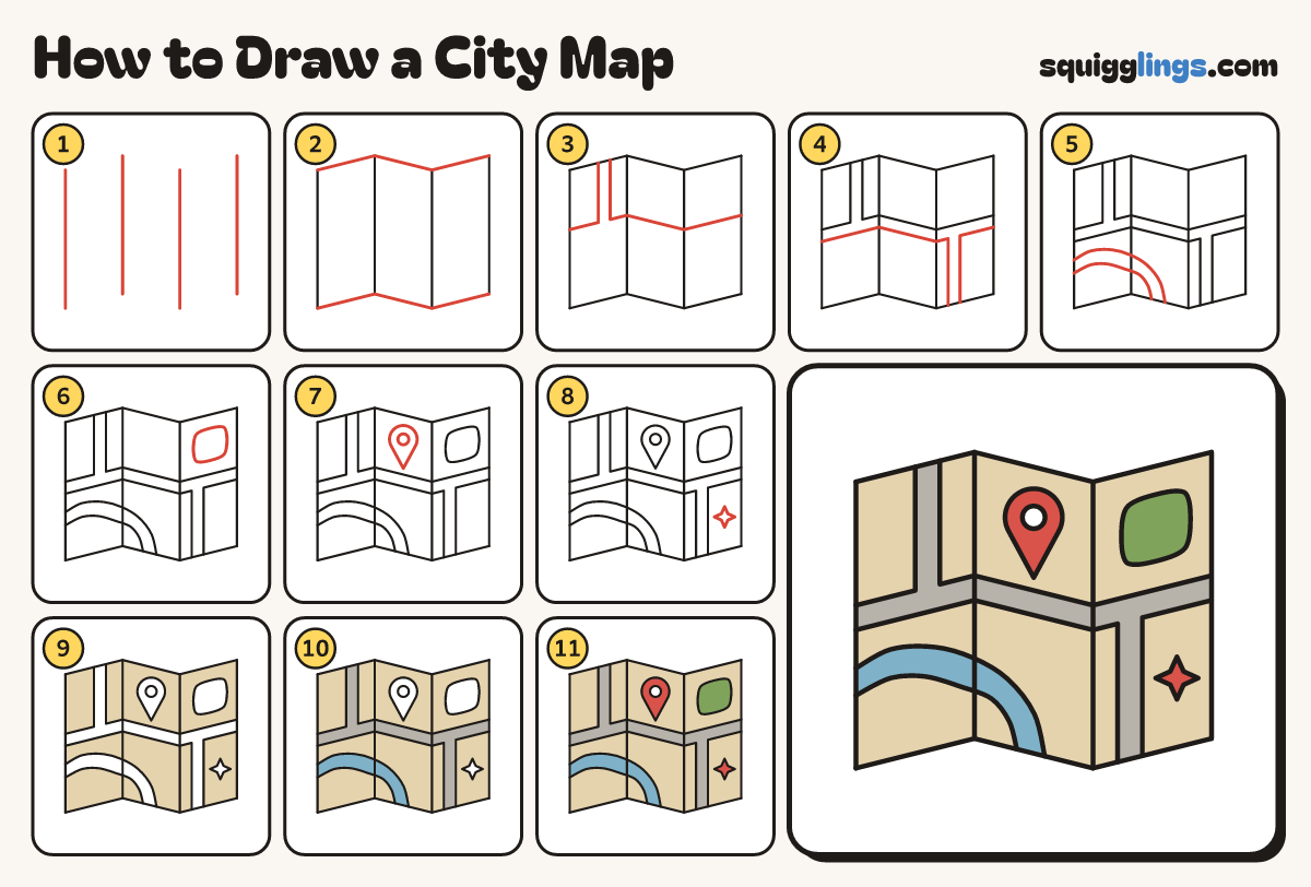 How to Draw a City Map step by step: all 11 steps in one picture