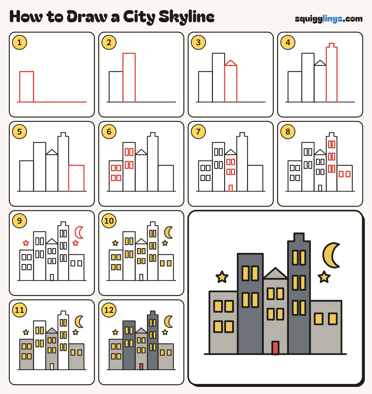 How to Draw a City Skyline step by step: all 12 steps in one picture
