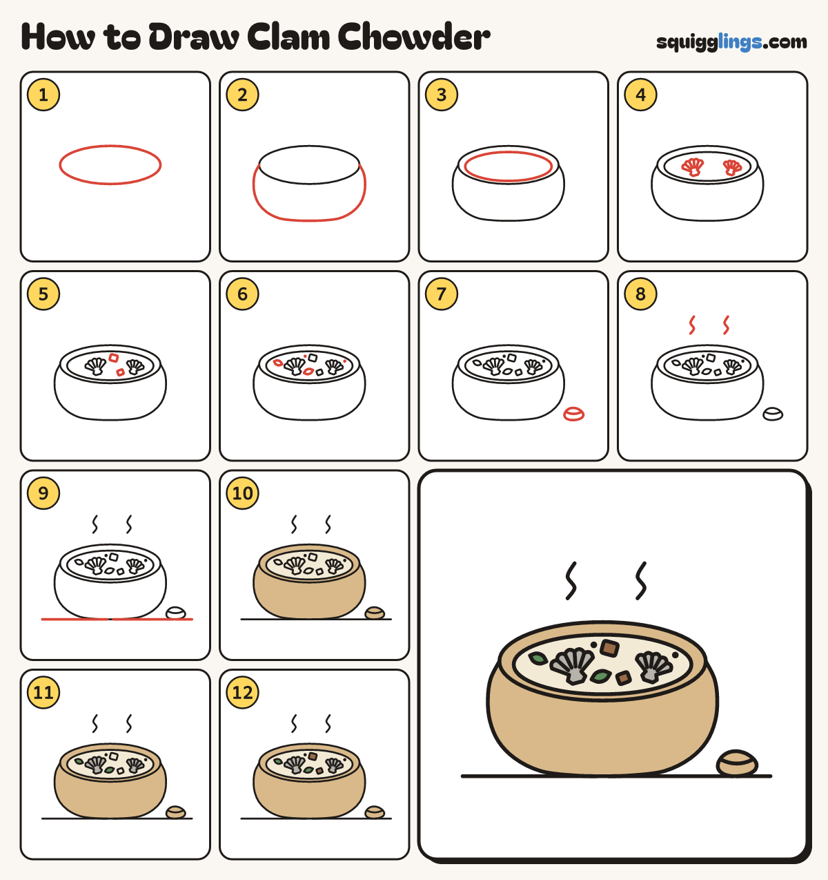 How to Draw Clam Chowder step by step: all 12 steps in one picture