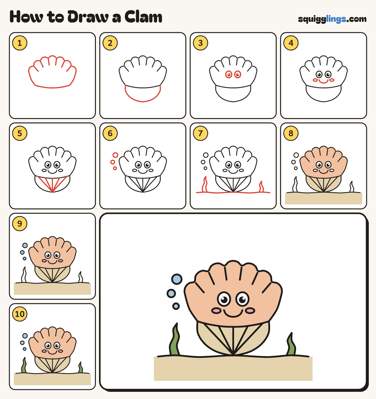 How to Draw a Clam step by step: all 10 steps in one picture