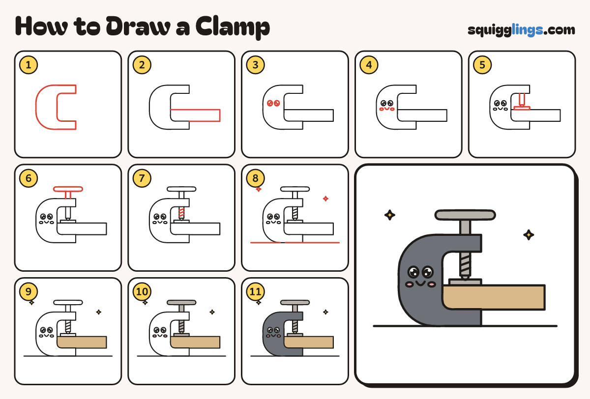 How to Draw a Clamp step by step: all 11 steps in one picture