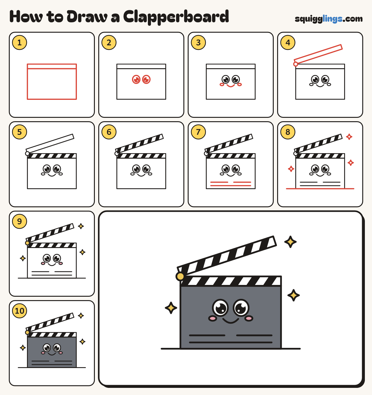How to Draw a Clapperboard step by step: all 10 steps in one picture