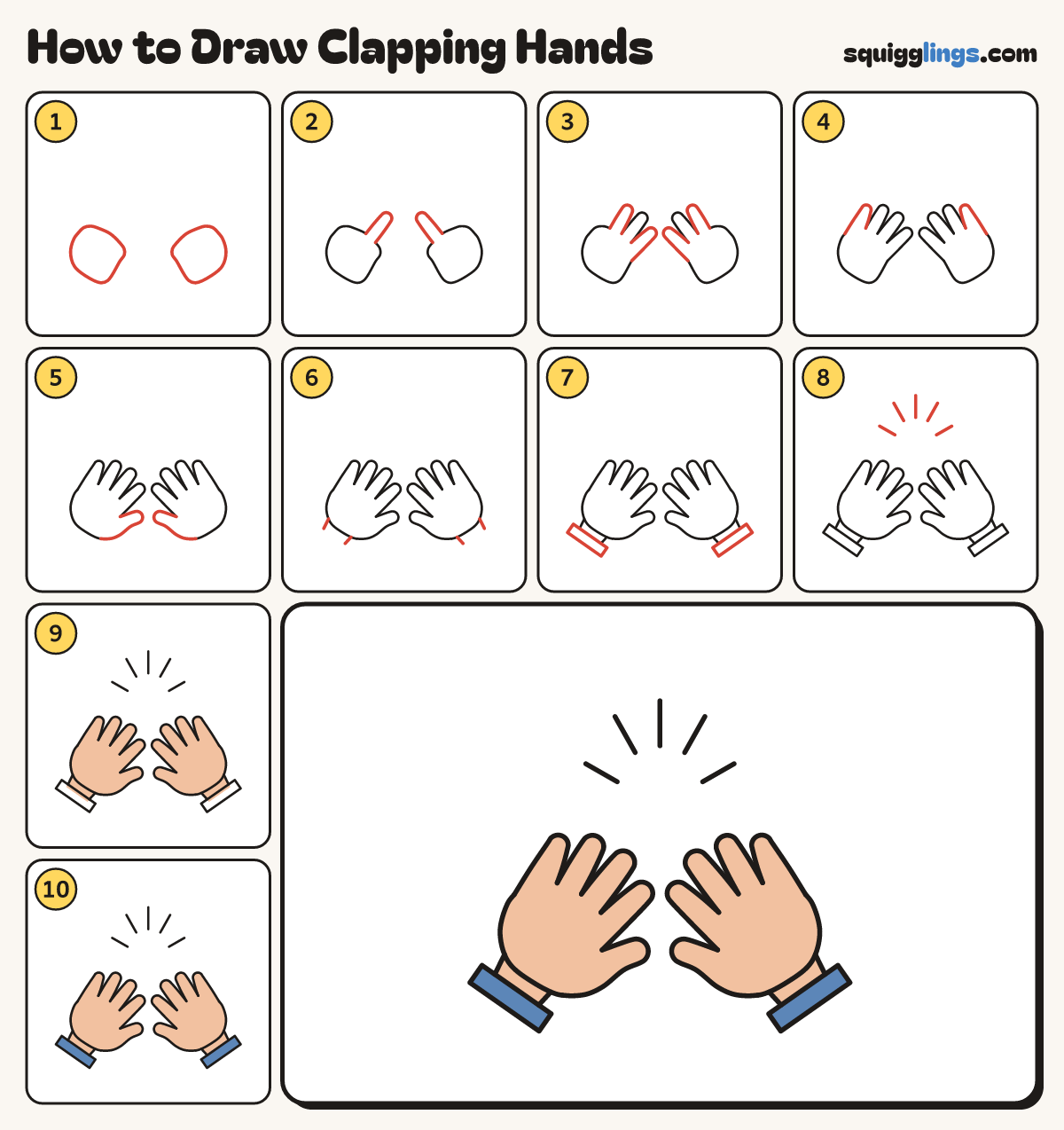 How to Draw Clapping Hands step by step: all 10 steps in one picture