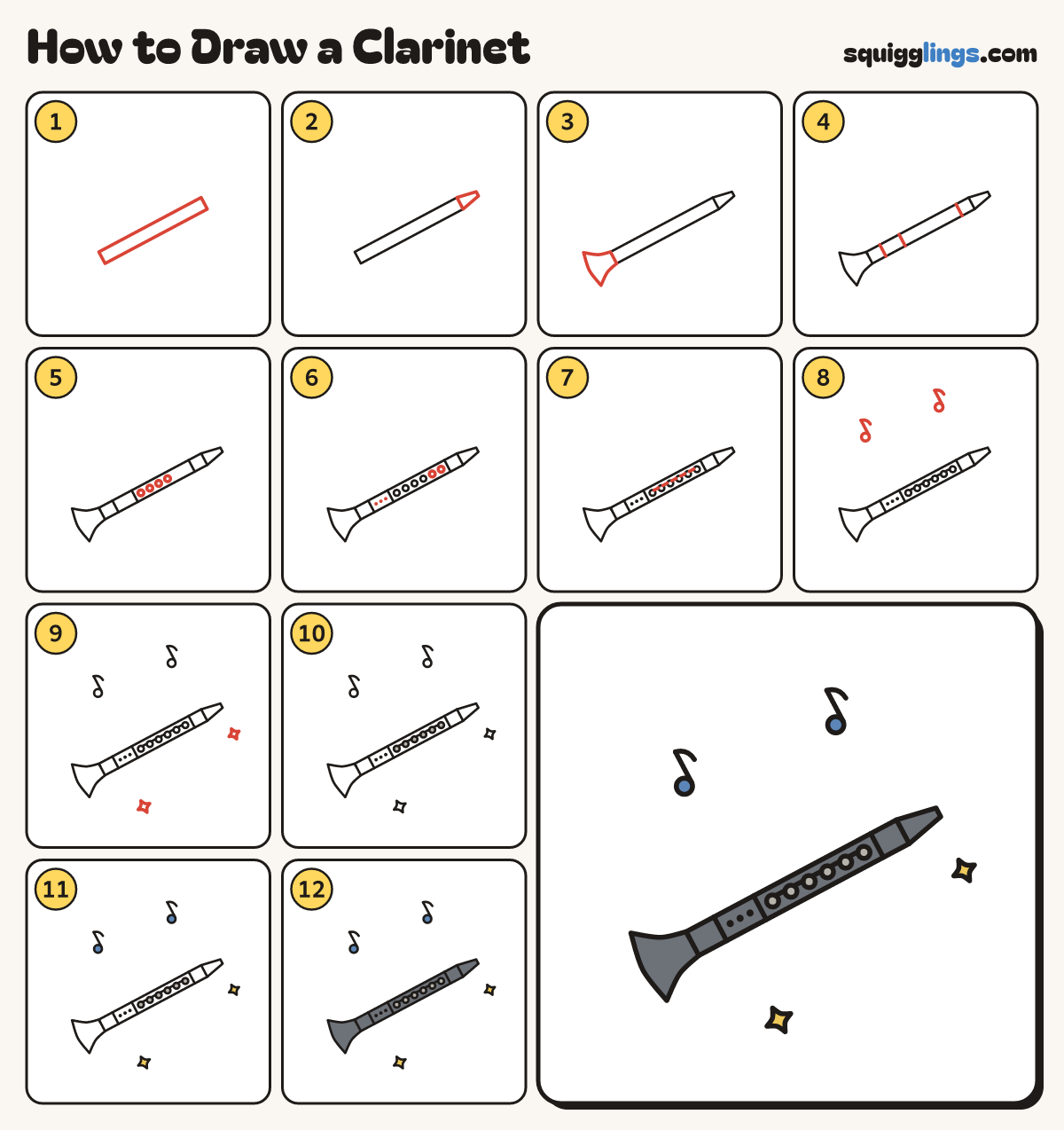 How to Draw a Clarinet step by step: all 12 steps in one picture