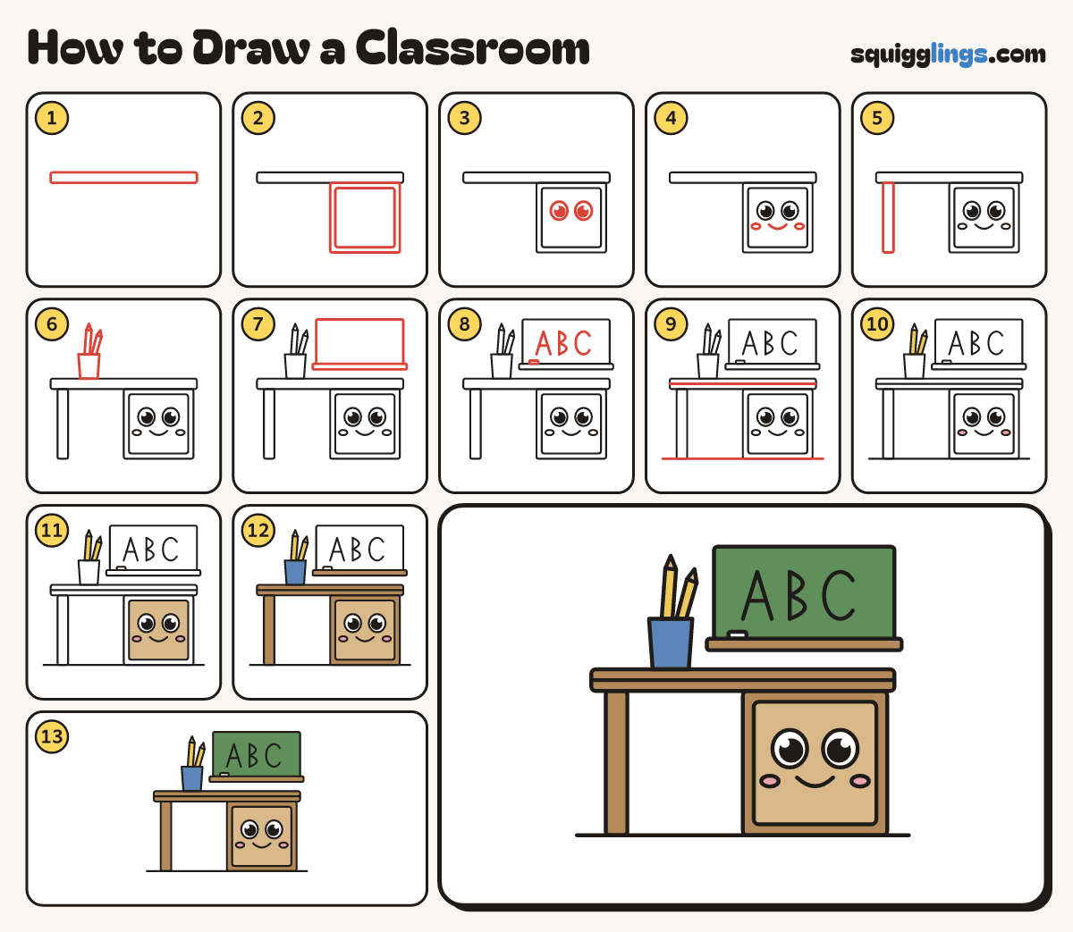 How to Draw a Classroom step by step: all 13 steps in one picture