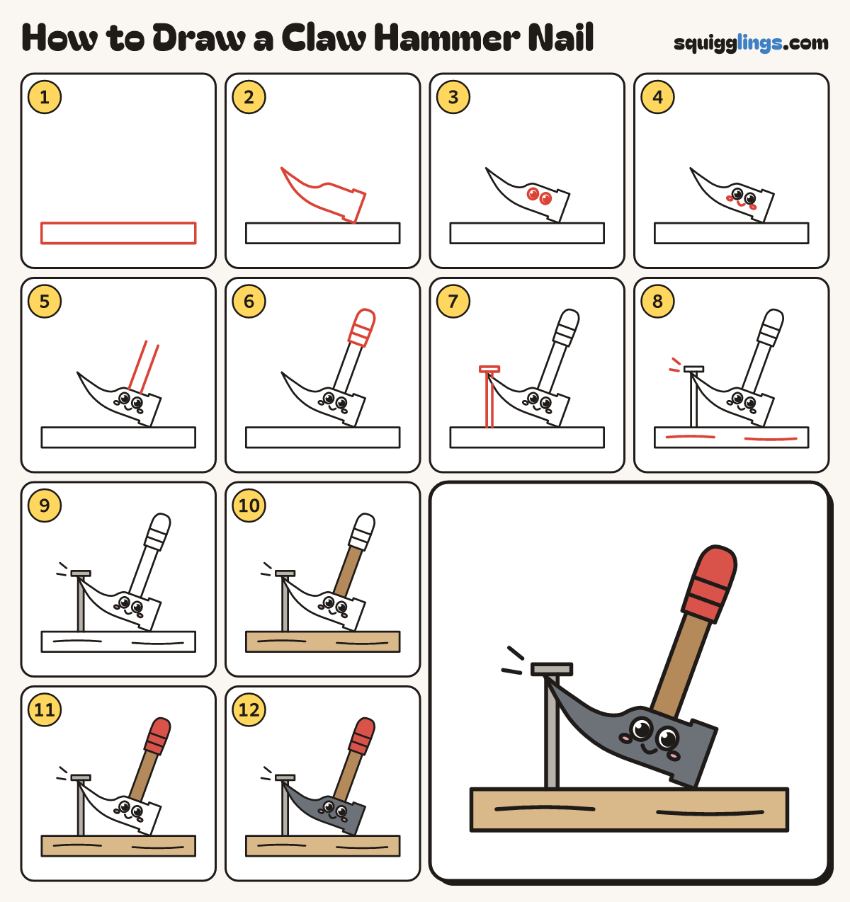 How to Draw a Claw Hammer Nail step by step: all 12 steps in one picture