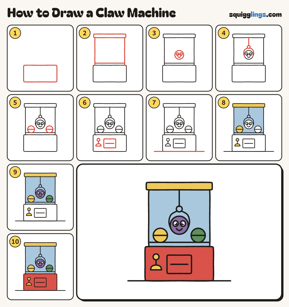 How to Draw a Claw Machine step by step: all 10 steps in one picture