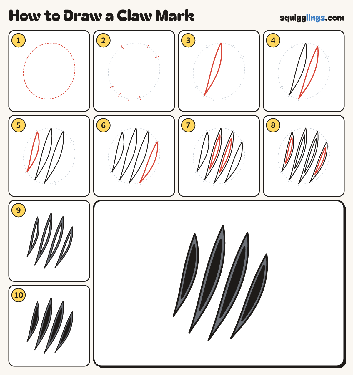 How to Draw a Claw Mark step by step: all 10 steps in one picture