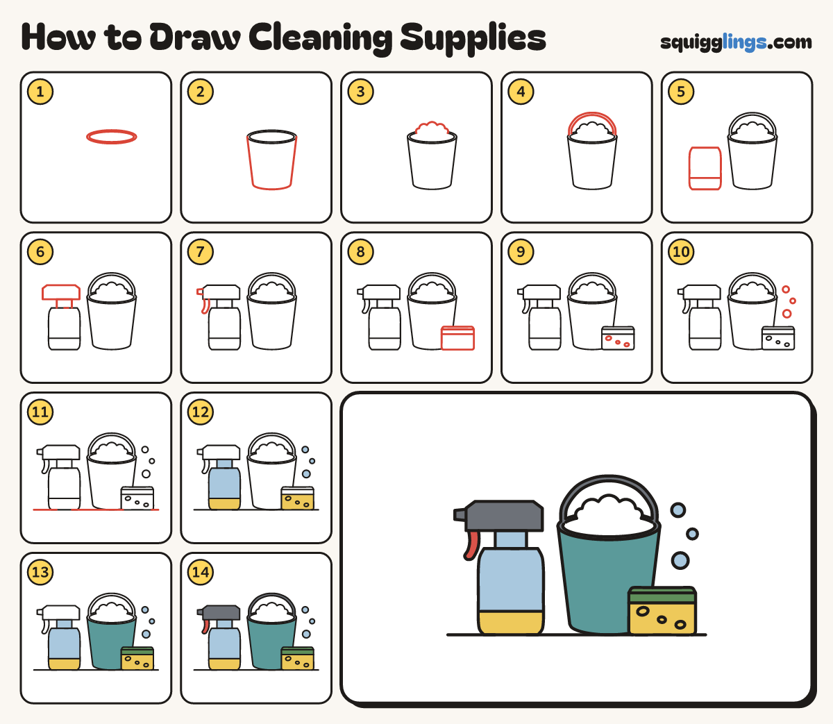 How to Draw Cleaning Supplies step by step: all 14 steps in one picture