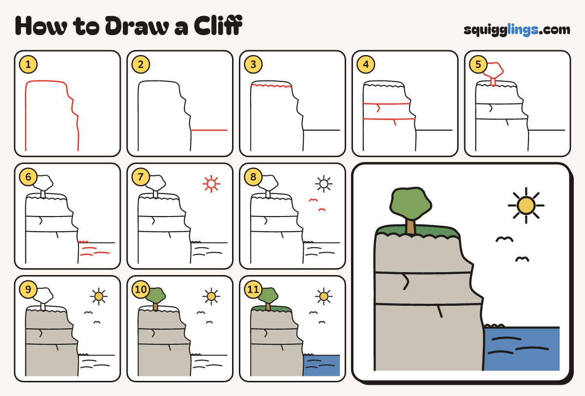 How to Draw a Cliff step by step: all 11 steps in one picture