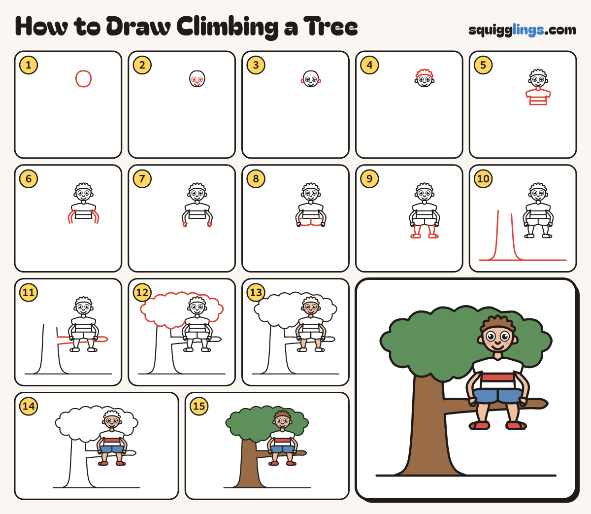 How to Draw Climbing a Tree step by step: all 15 steps in one picture