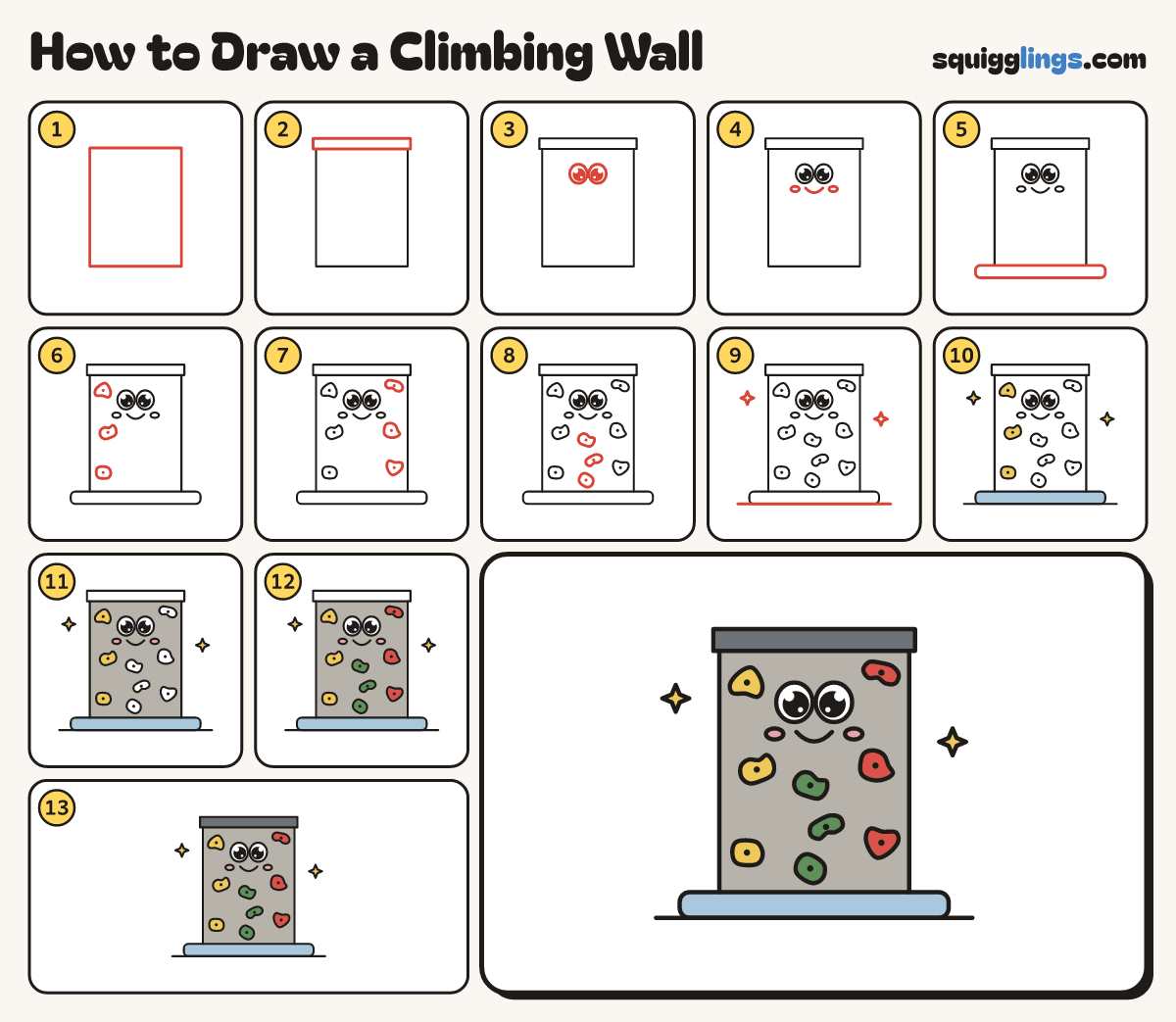 How to Draw a Climbing Wall step by step: all 13 steps in one picture