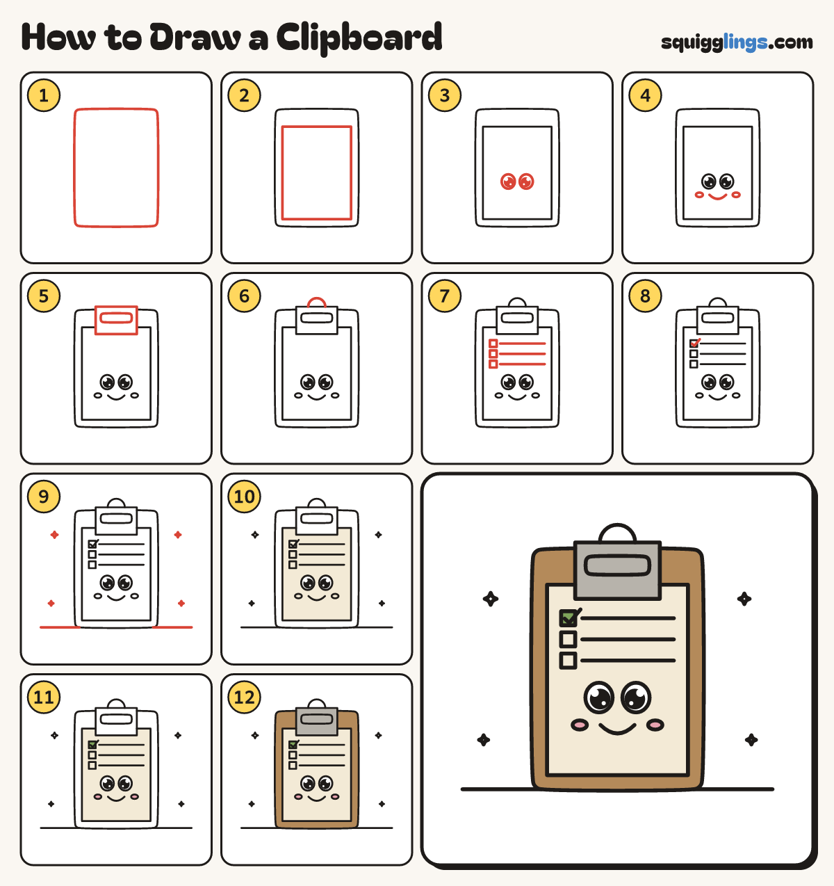 How to Draw a Clipboard step by step: all 12 steps in one picture