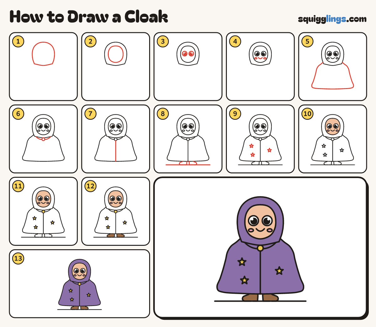 How to Draw a Cloak step by step: all 13 steps in one picture