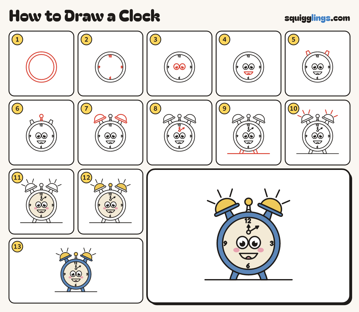 How to Draw a Clock step by step: all 13 steps in one picture