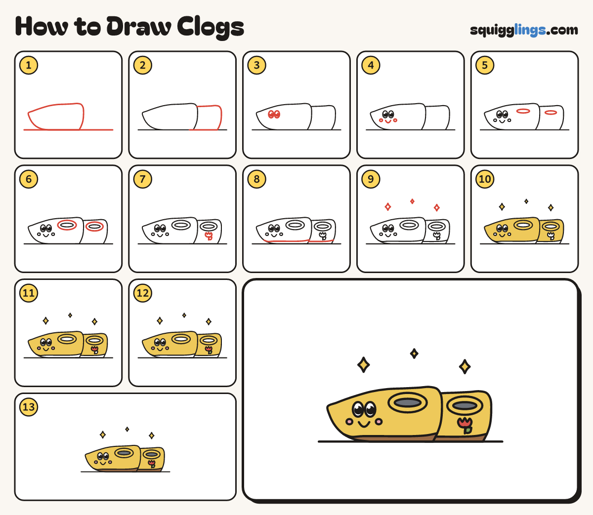 How to Draw Clogs step by step: all 13 steps in one picture