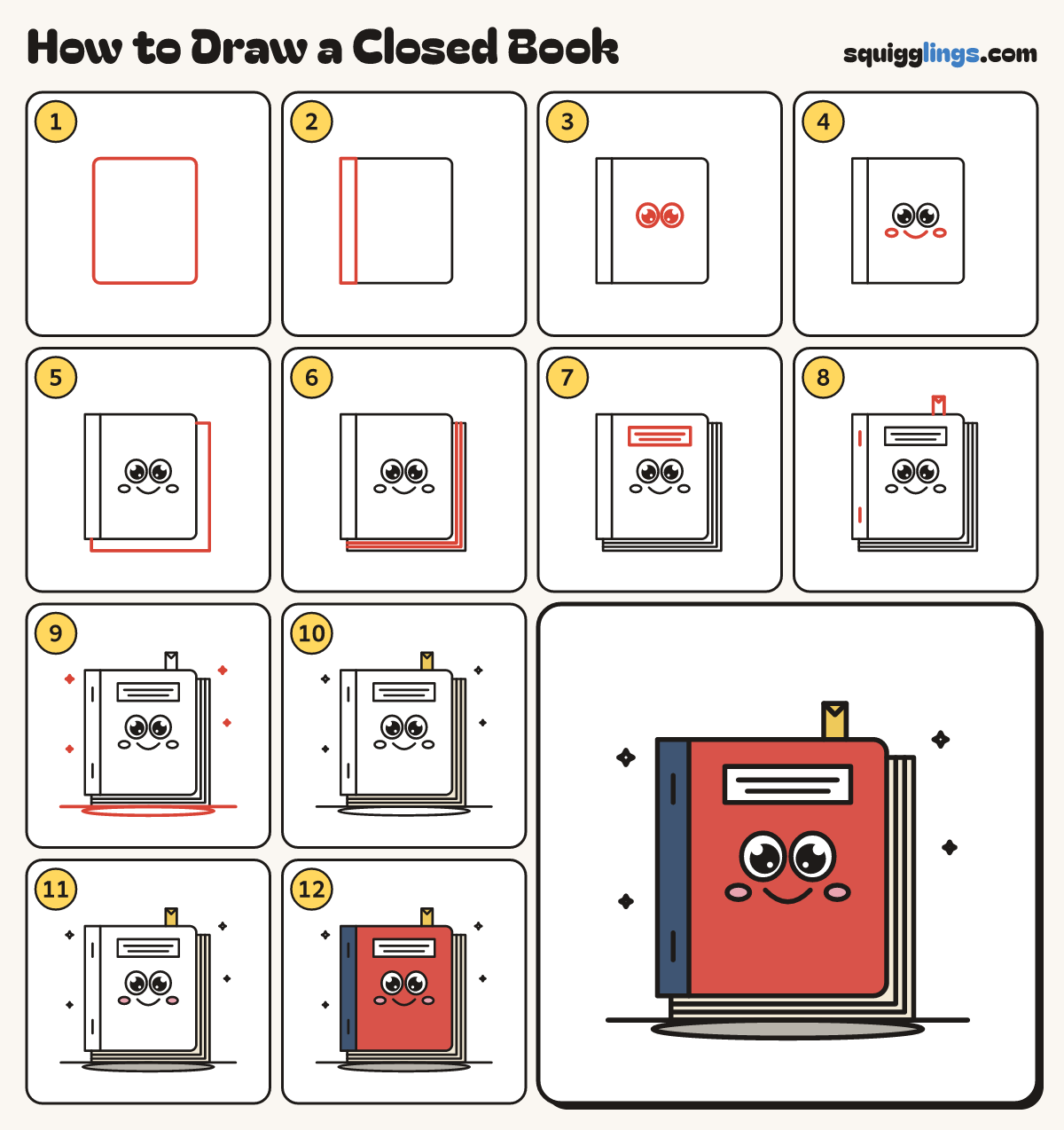 How to Draw a Closed Book step by step: all 12 steps in one picture