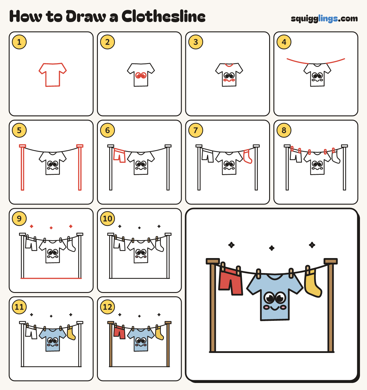 How to Draw a Clothesline step by step: all 12 steps in one picture