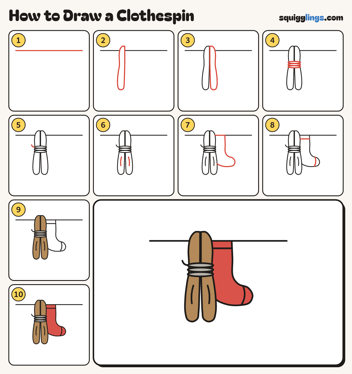 How to Draw a Clothespin step by step: all 10 steps in one picture