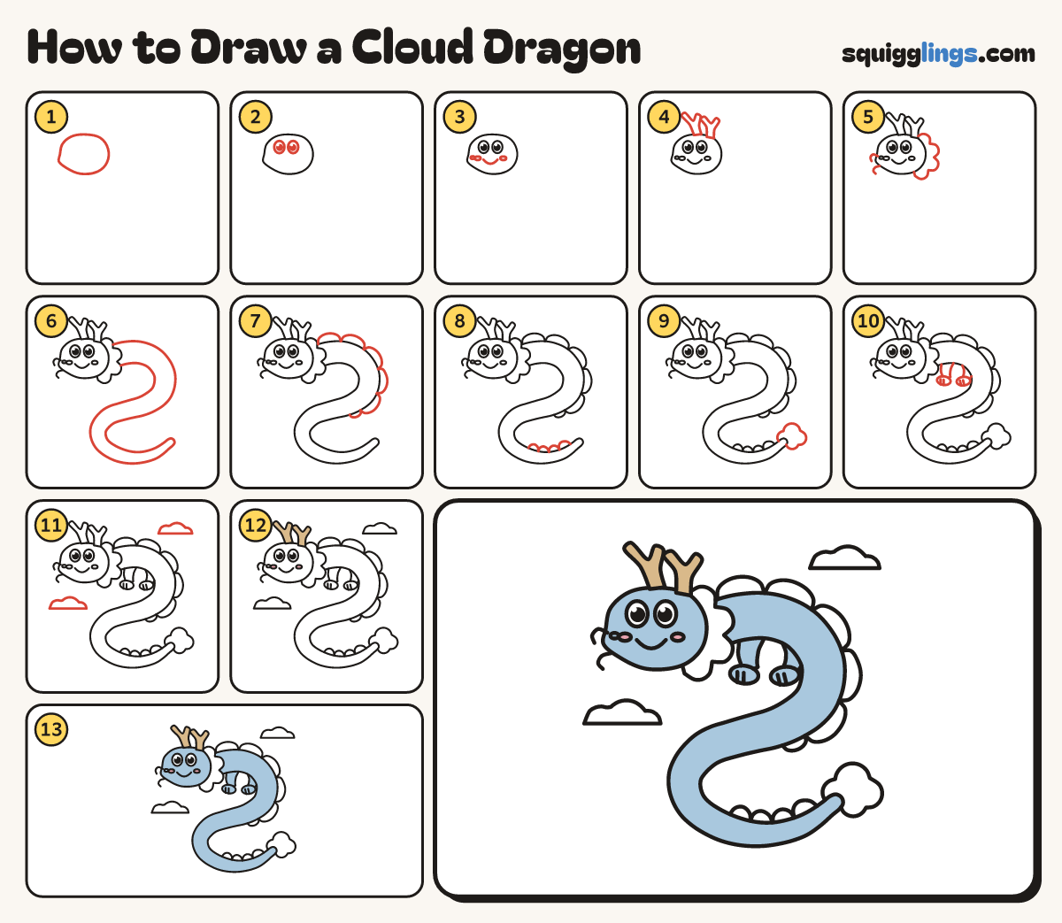 How to Draw a Cloud Dragon step by step: all 13 steps in one picture