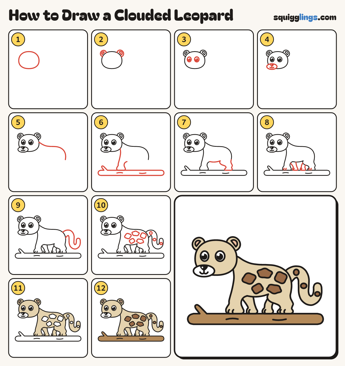 How to Draw a Clouded Leopard step by step: all 12 steps in one picture