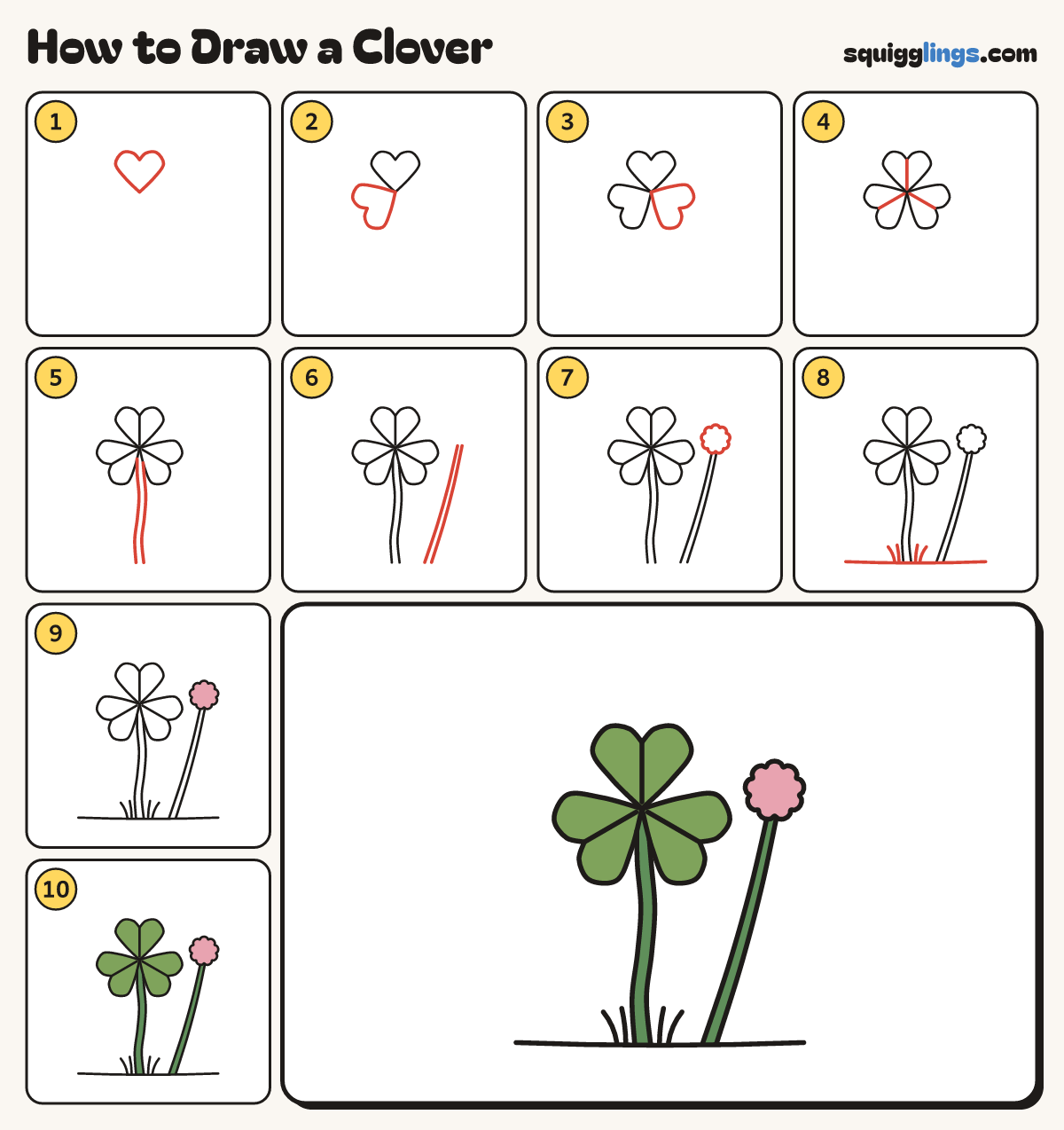 How to Draw a Clover step by step: all 10 steps in one picture