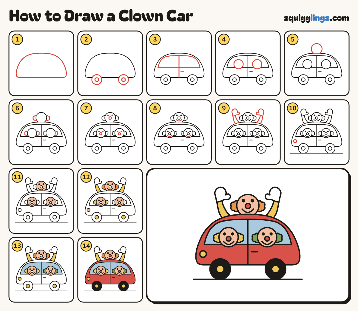 How to Draw a Clown Car step by step: all 14 steps in one picture