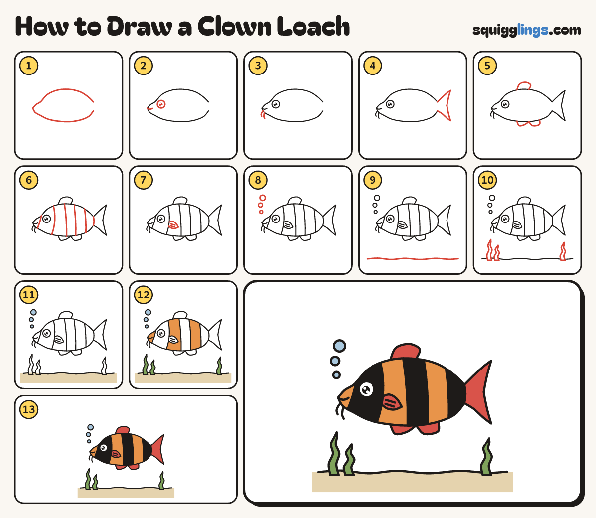 How to Draw a Clown Loach step by step: all 13 steps in one picture