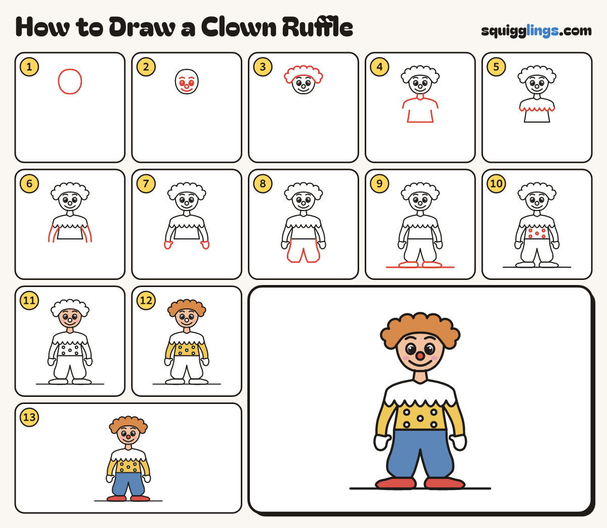How to Draw a Clown Ruffle step by step: all 13 steps in one picture