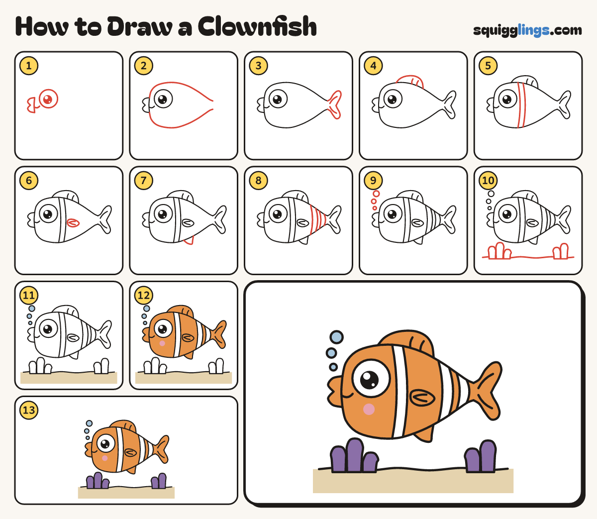 How to Draw a Clownfish step by step: all 13 steps in one picture