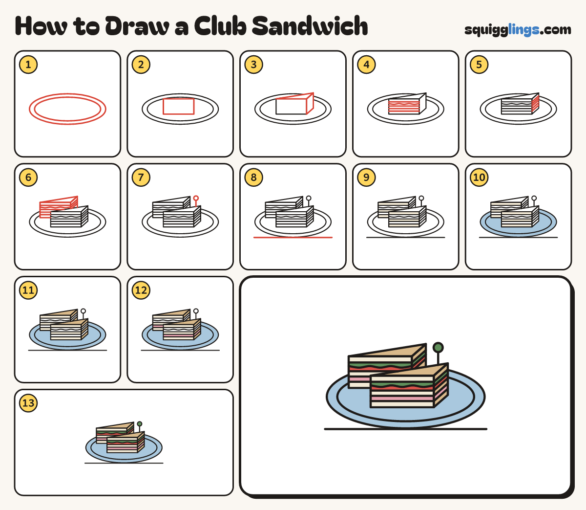 How to Draw a Club Sandwich step by step: all 13 steps in one picture