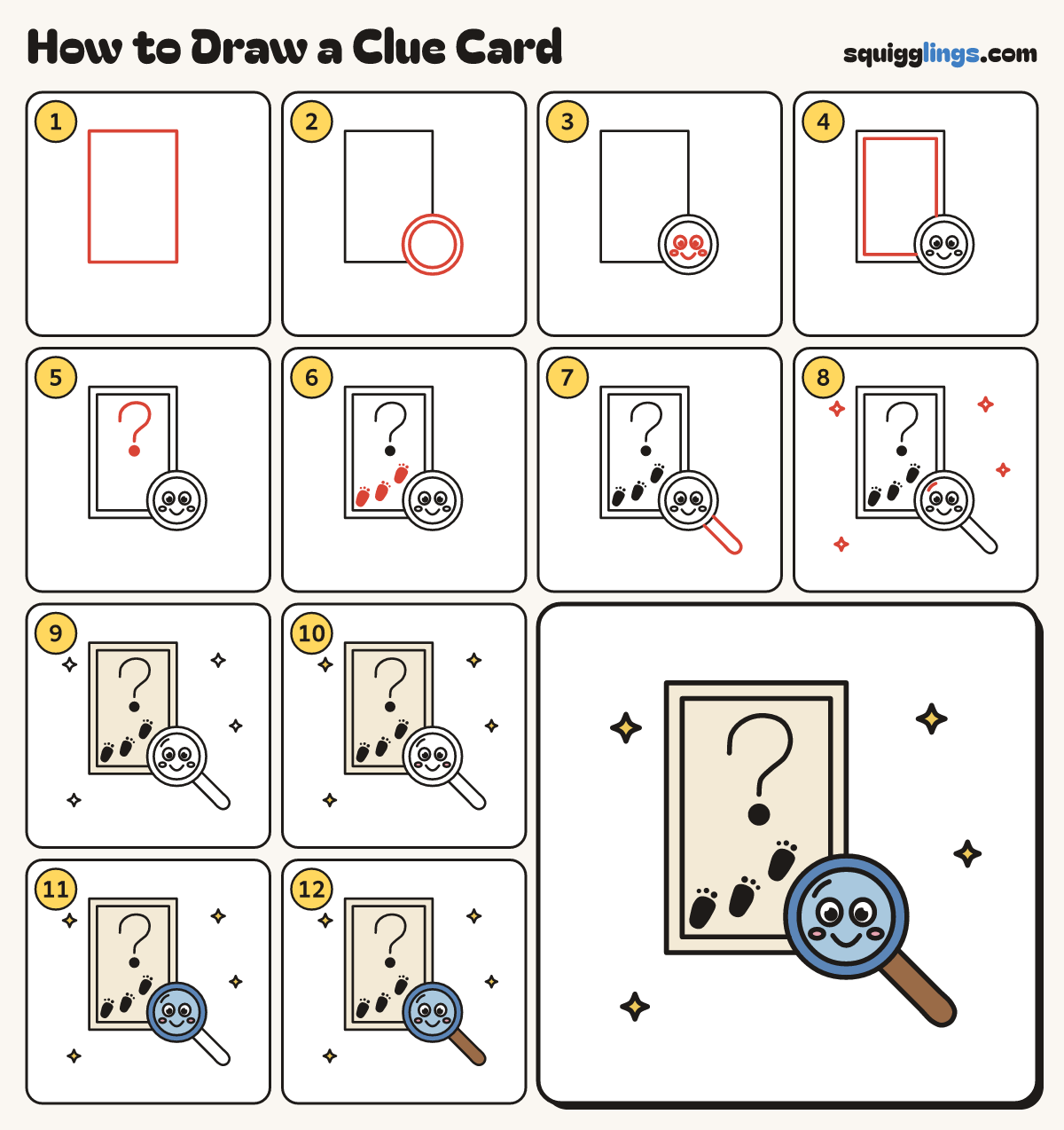 How to Draw a Clue Card step by step: all 12 steps in one picture