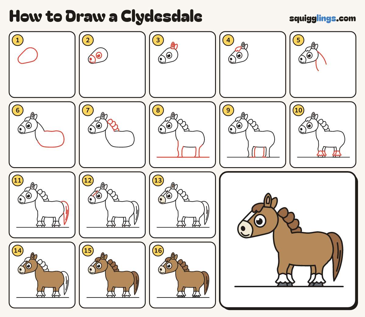 How to Draw a Clydesdale step by step: all 16 steps in one picture