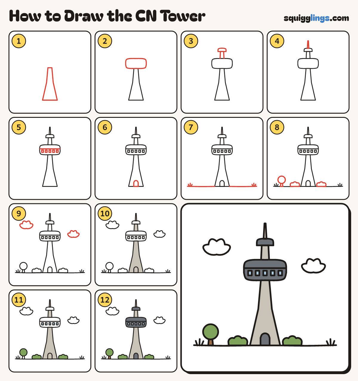 How to Draw the CN Tower step by step: all 12 steps in one picture