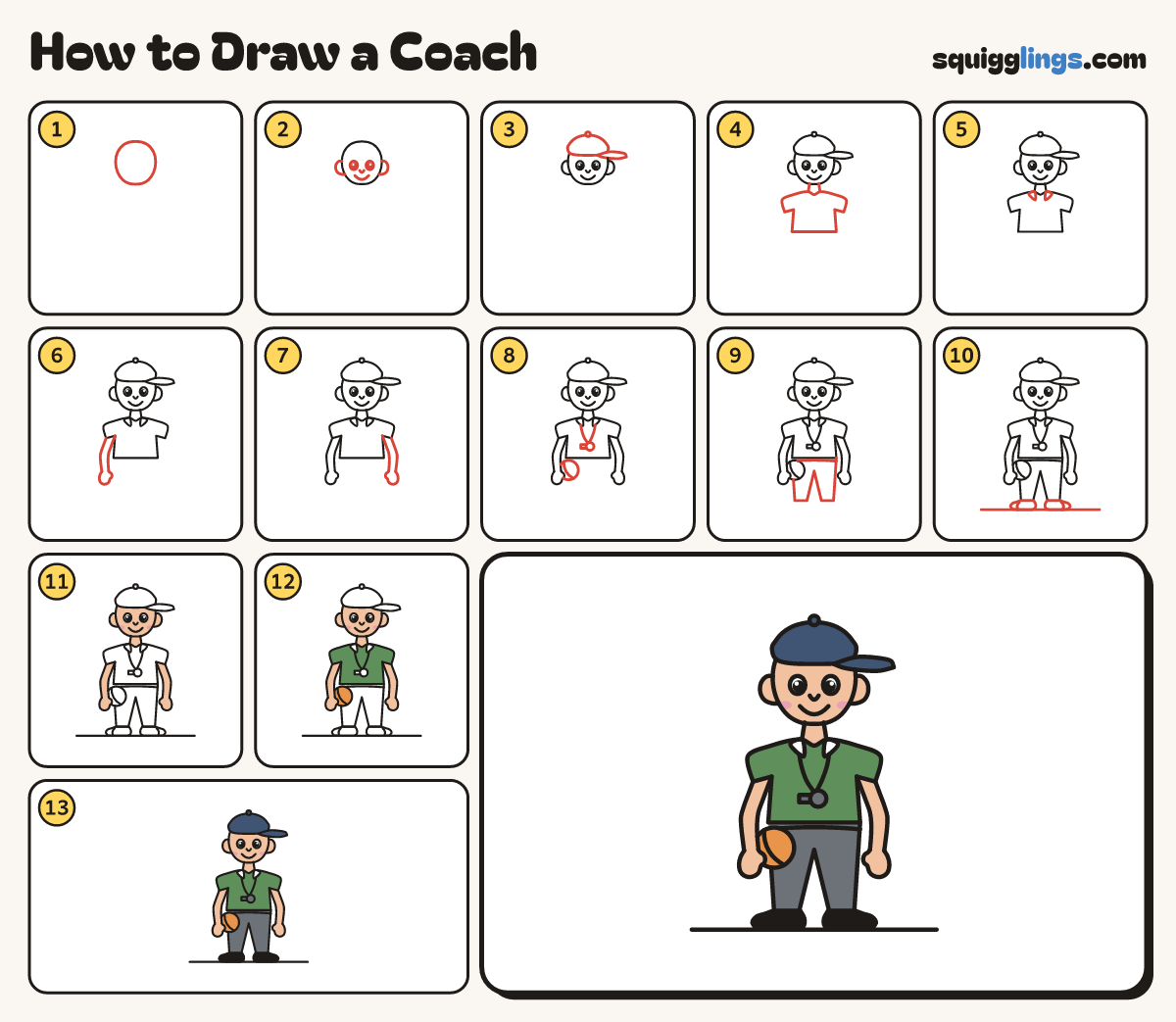 How to Draw a Coach step by step: all 13 steps in one picture
