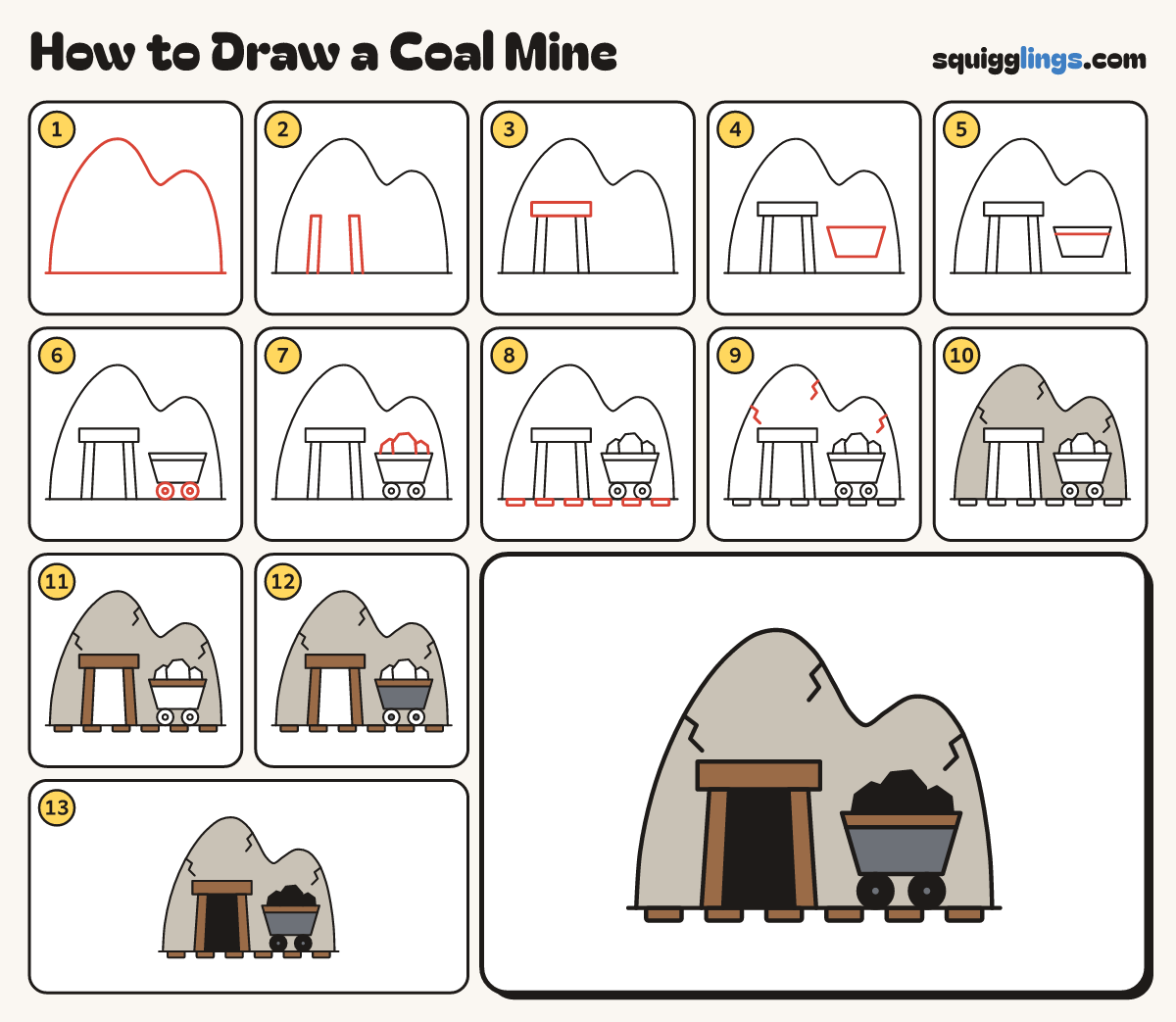 How to Draw a Coal Mine step by step: all 13 steps in one picture