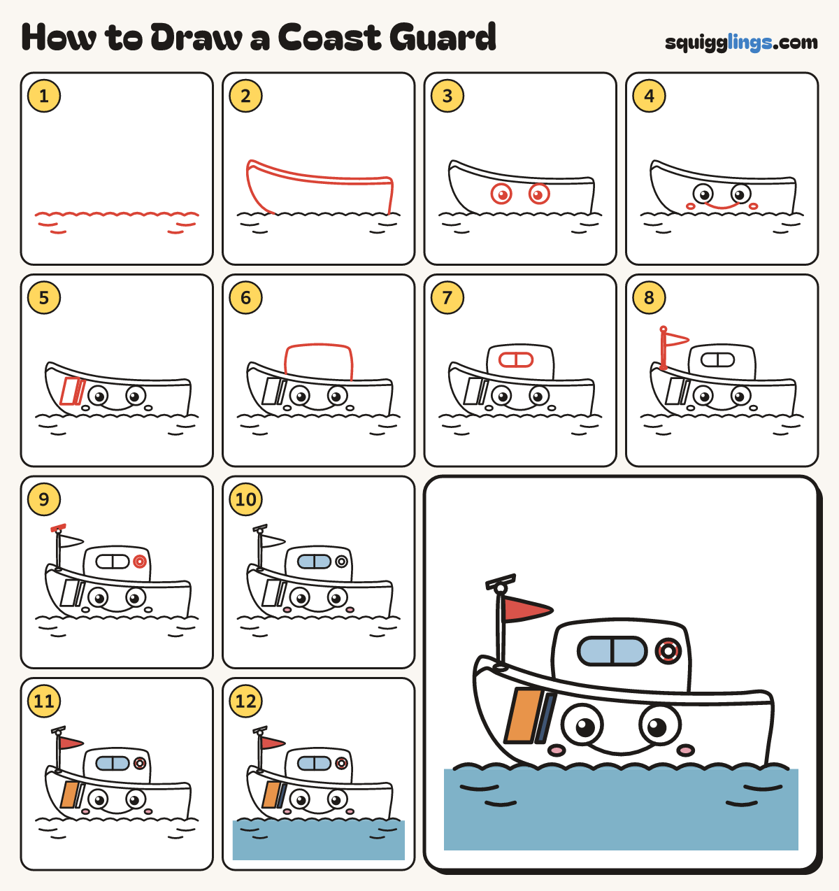 How to Draw a Coast Guard step by step: all 12 steps in one picture