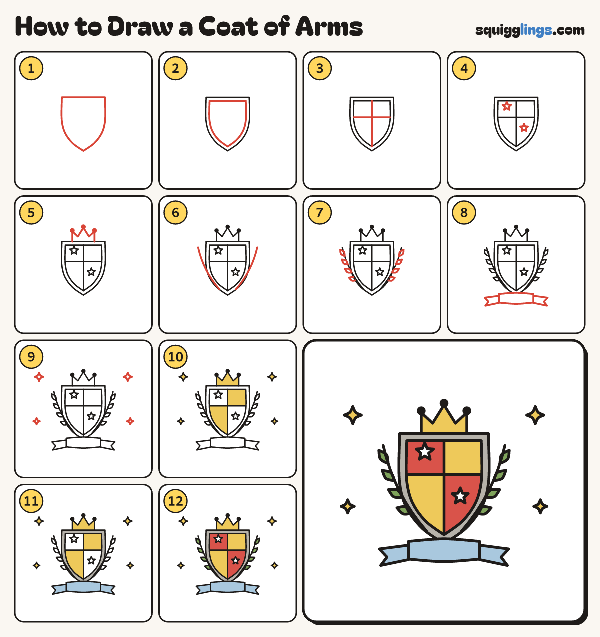 How to Draw a Coat of Arms step by step: all 12 steps in one picture