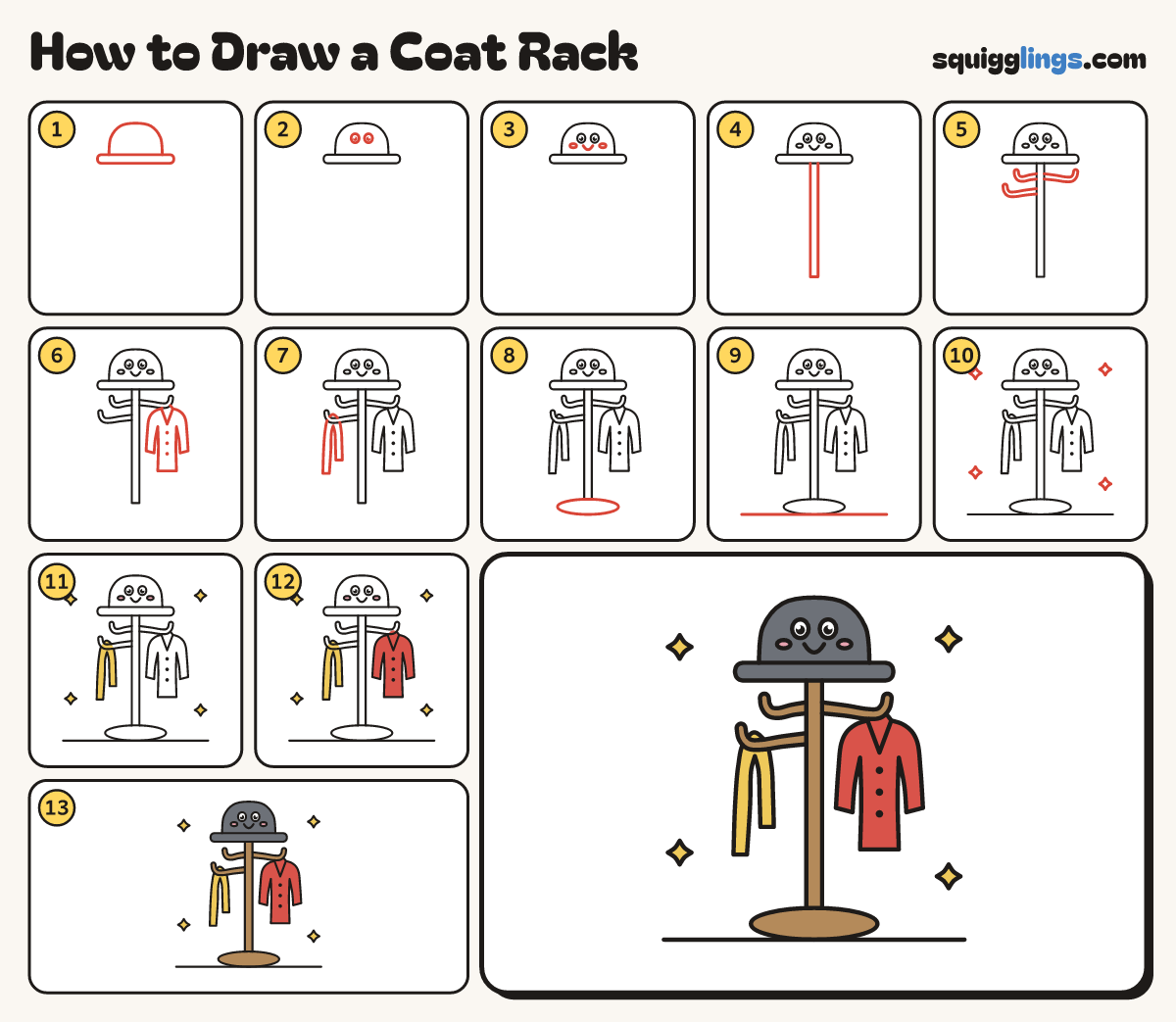 How to Draw a Coat Rack step by step: all 13 steps in one picture