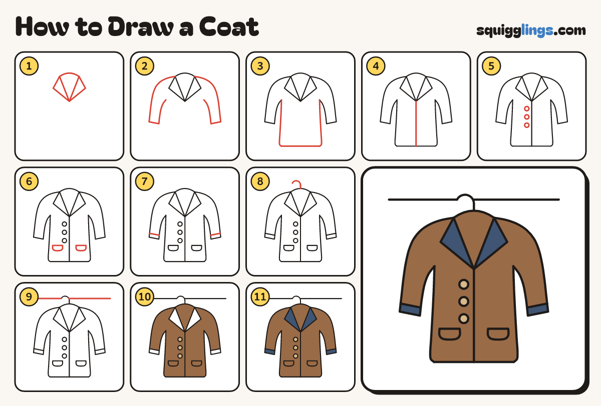 How to Draw a Coat step by step: all 11 steps in one picture
