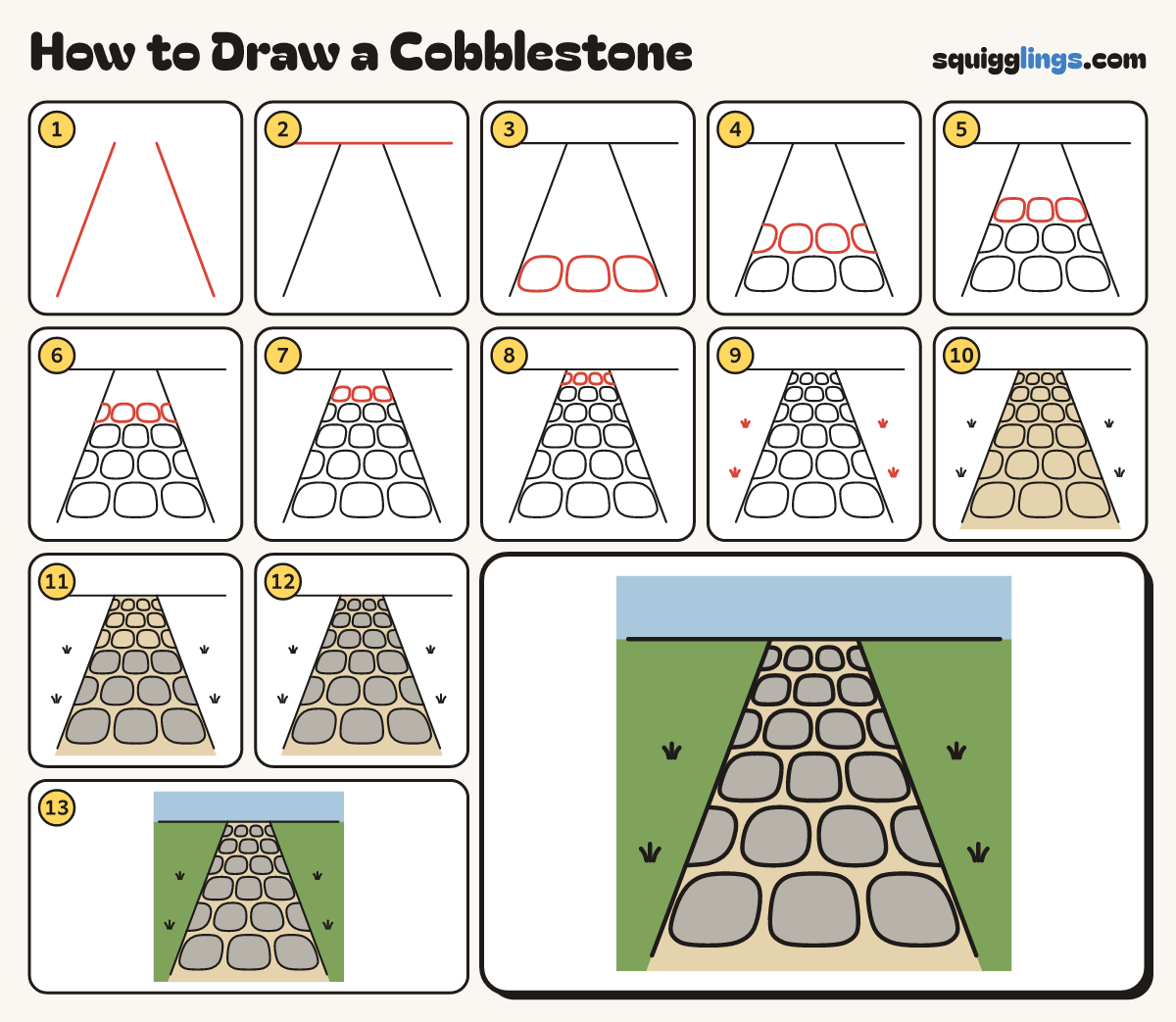 How to Draw a Cobblestone step by step: all 13 steps in one picture