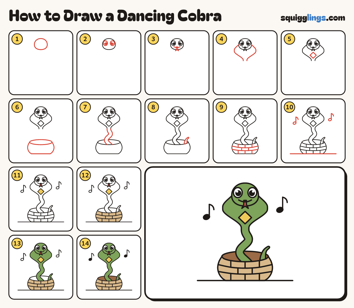How to Draw a Dancing Cobra step by step: all 14 steps in one picture