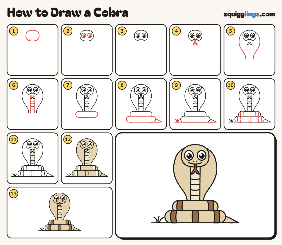 How to Draw a Cobra step by step: all 13 steps in one picture