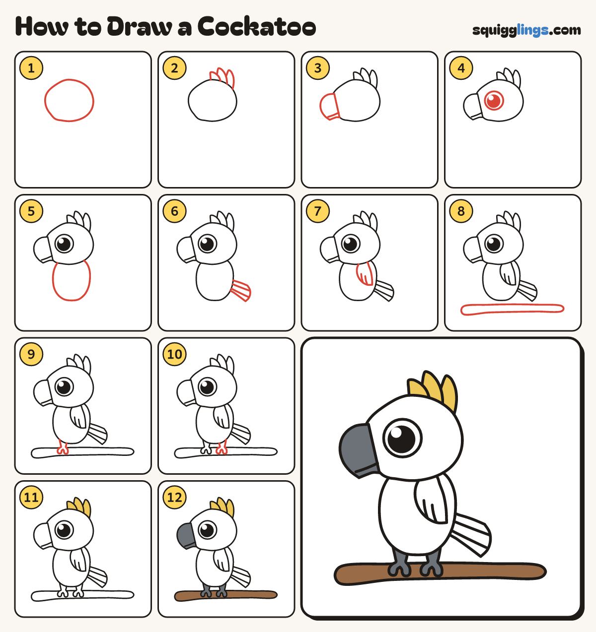 How to Draw a Cockatoo step by step: all 12 steps in one picture