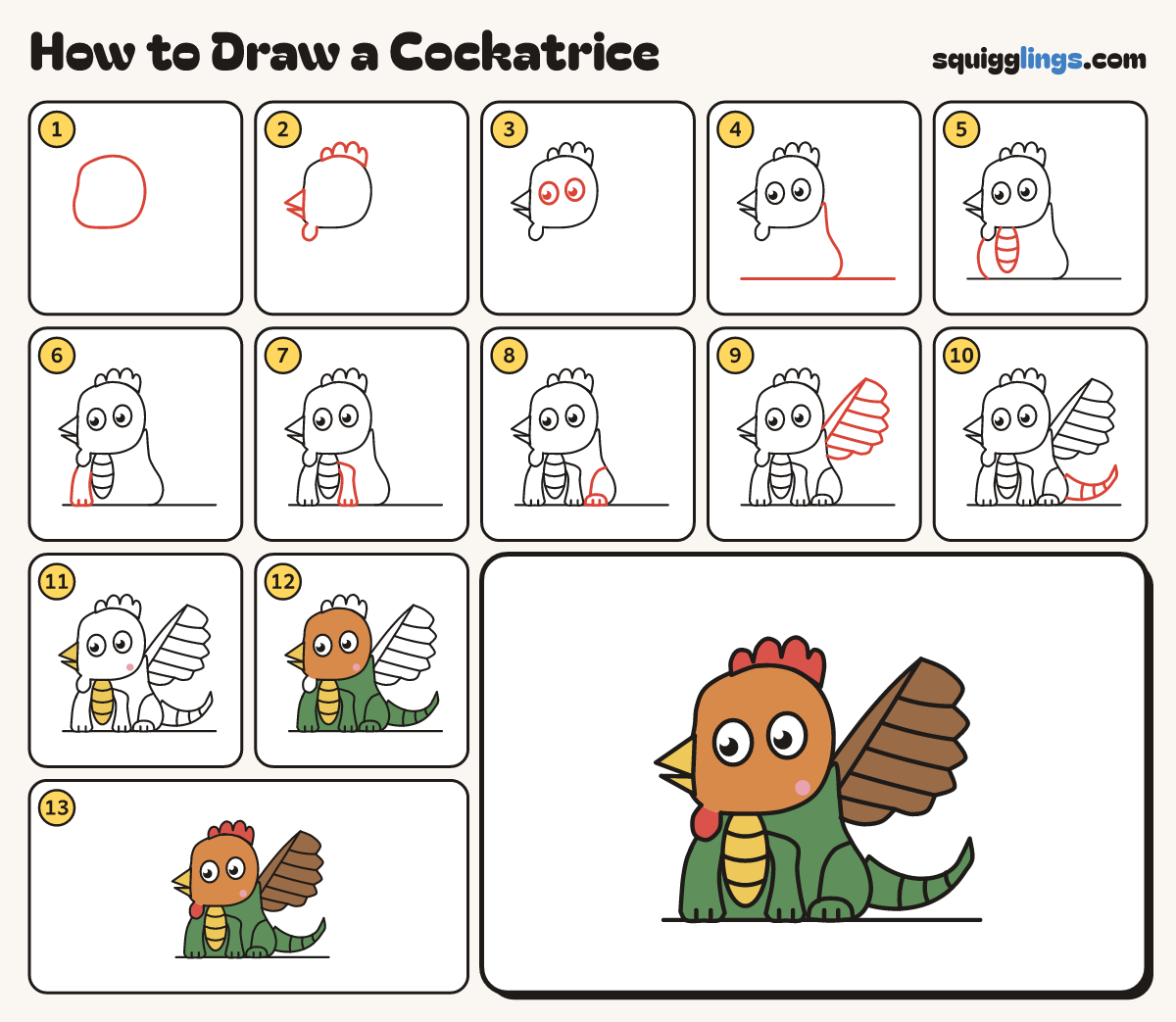 How to Draw a Cockatrice step by step: all 13 steps in one picture