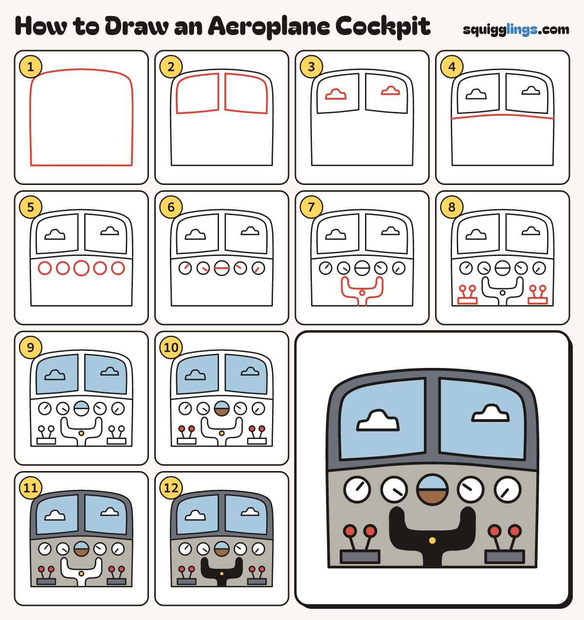 How to Draw an Aeroplane Cockpit step by step: all 12 steps in one picture