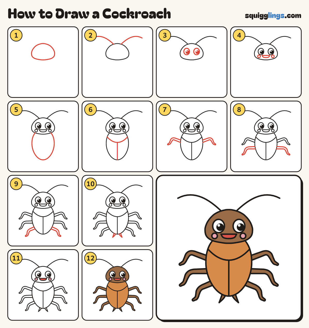 How to Draw a Cockroach step by step: all 12 steps in one picture